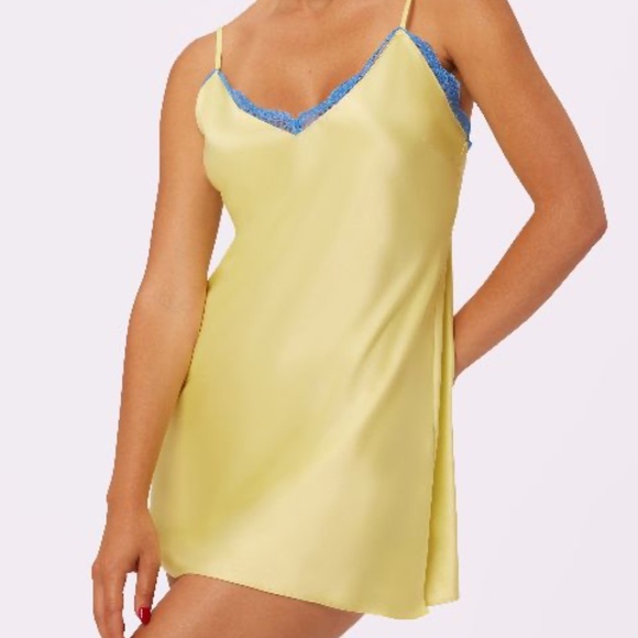 Parade Yellow and Blue Satin Chemise with Lace Trim - Picture 1 of 6
